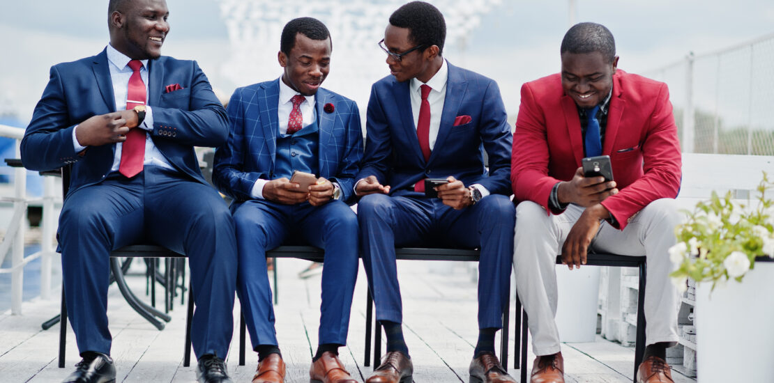 Group Of Four African American Happy Succesfull Mans At Suit. Ri