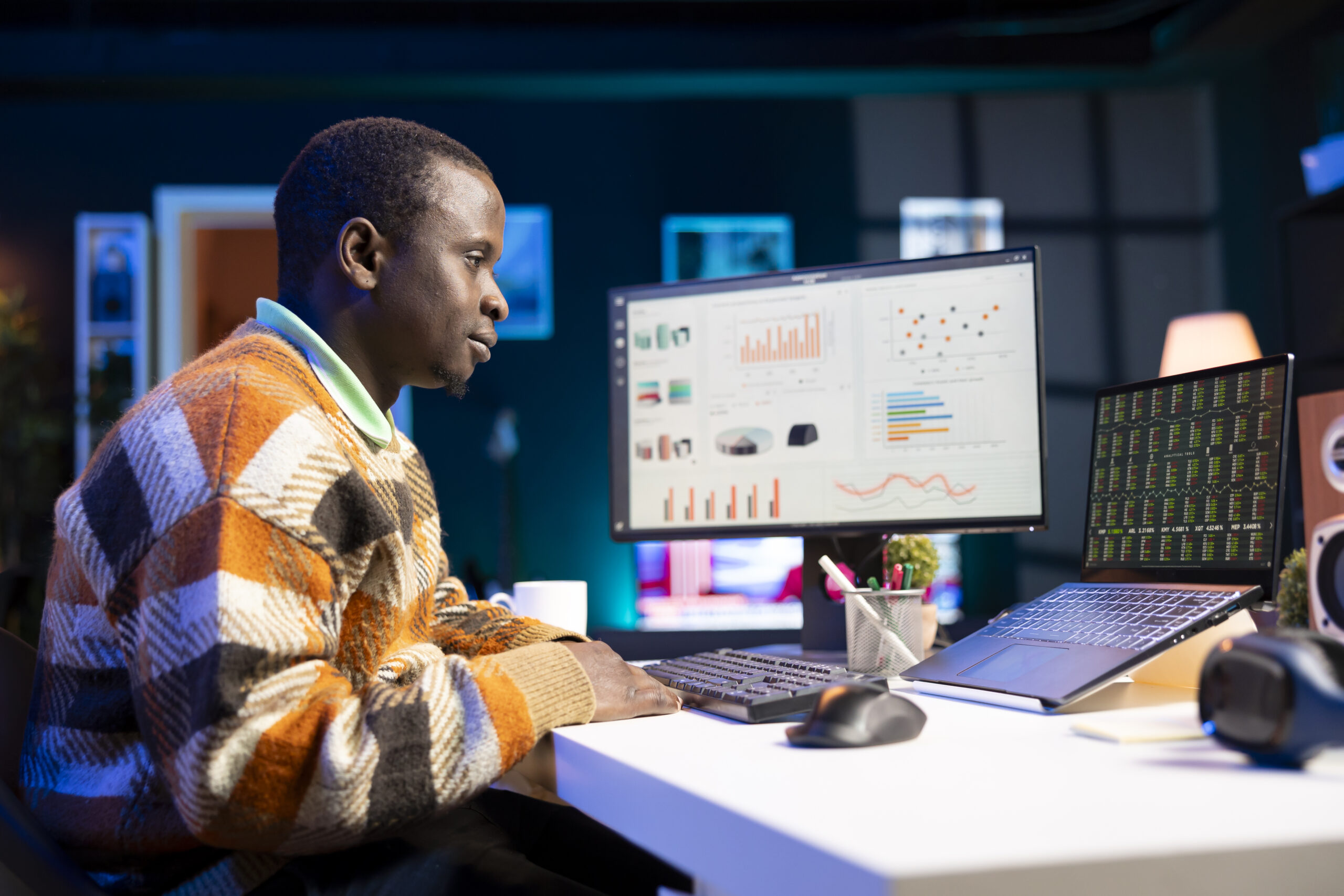 African american analyst checks financial balance and works on accounting